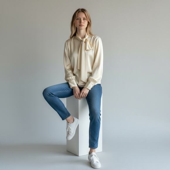 J.CREW COLLECTION CREAM SILK BLOUSE WITH TIE NECK WOMEN SIZE SMALL - Picture 12 of 14